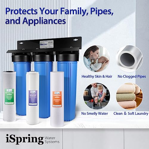 Image of iSpring Anti-Scale Whole House Water Filter System w /Sediment, Polyphosphate, and Carbon Block Water Filters, 3-Stage Water Descaler and Water Filter, Model: WGB32B-DS