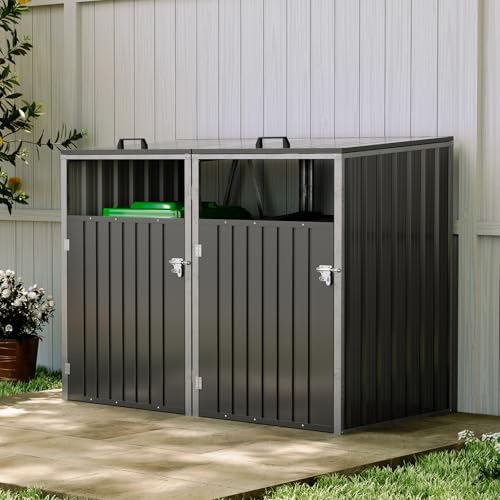 Warmiehomy Wheelie Bin Storage 2 Bin Storage for Wheelie Bins Galvanized Steel Outdoor Garbage Can Store with Locking Door Double Wheeled Bins Hideaways with Lifting Lids Charcoal Black