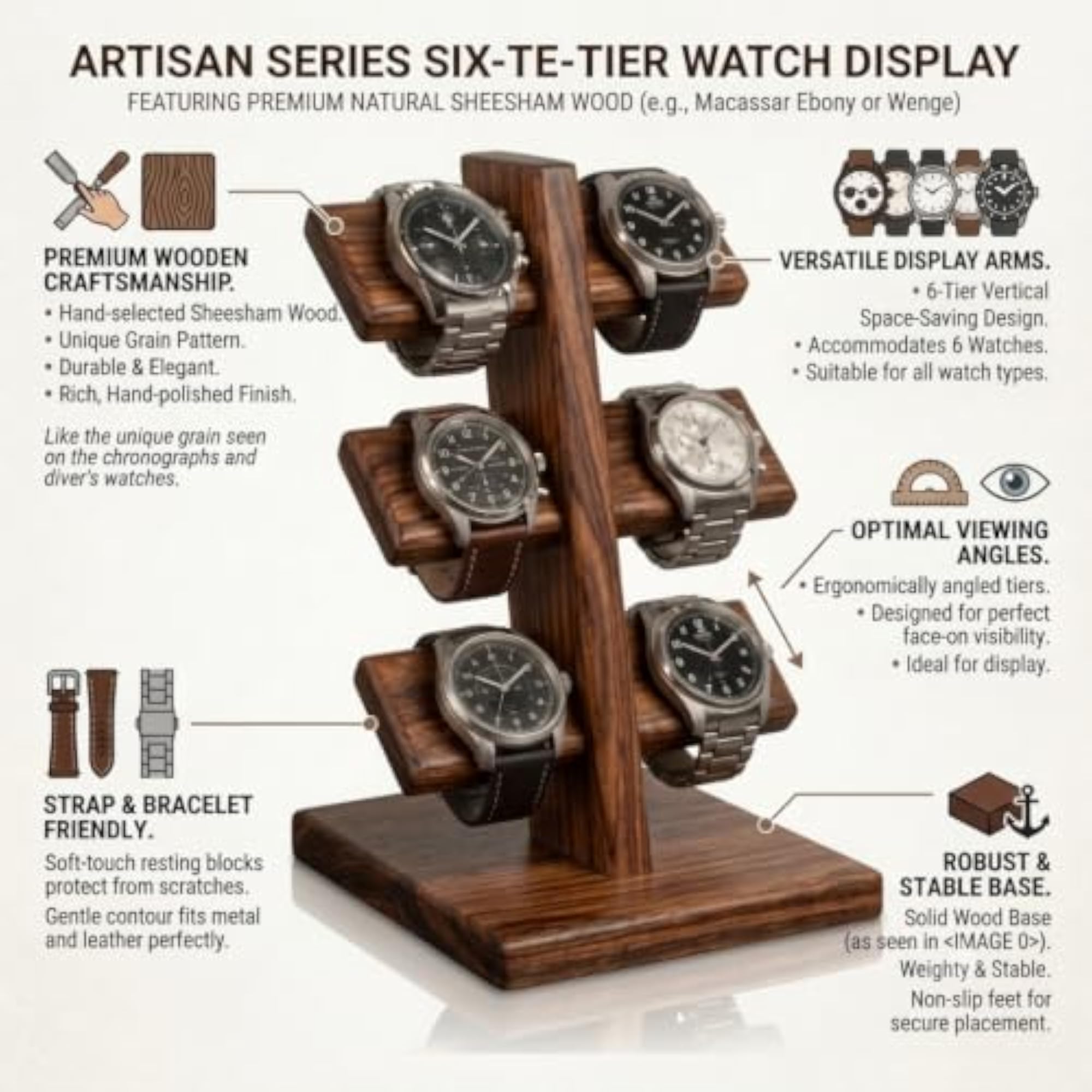 Artisan Series 6-Tier Sheesham Wood Watch Display Stand