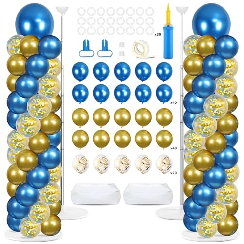 Image of 2 Sets Navy Blue and Gold Balloon Column Stand Kit with 100 Balloons Adjustable Balloon Tower Stand with Bases for Floor Navy Blue Gold Balloon Column Kit for Graduations Summer Birthday Party Decor
