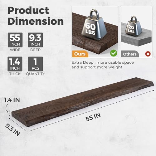 Image of Live Edge Elm Floating Shelves For Wall - 55 inch W x 9.3 inch D Rustic Solid Long Wood Shelves with Invisible Bracket, Wall-Mounted Storage & Display Shelf for Living Room Bedroom Kitchen, Set of 1, Walnut