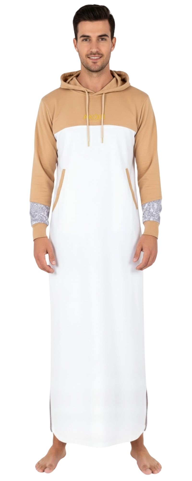 Men’s Hooded Thobe – Urban Long Sleeve Islamic Robe - White & Beige Kaftan for Eid, Prayer, Ramadan & Casual Outfits-picture-36