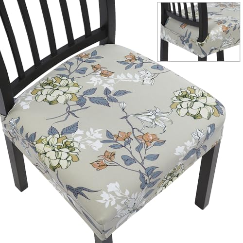 Image of SearchI Dining Chair Seat Covers Set of 4, Stretch Removable Chair Covers for Dining Chairs, Kitchen Chair Covers Protector(Green Grey Flower)