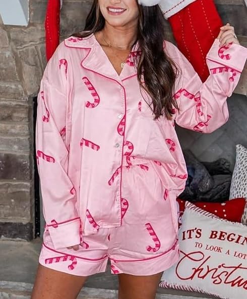 NUFIWI Women Christmas Pajamas Pjs Set Cute Santa Colorful Pj Long Sleeve Shirt Lounge Shorts 2 Piece Holiday Sleepwear - Image 7