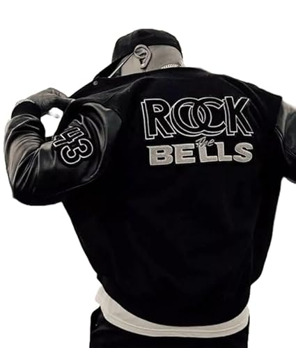 LL COOL J Inspired Varsity Jacket – Men’s 80s 90s Vintage Streetwear Bomber Coat – Black Wool Body with Faux Leather Sleeves (US, Alpha, Medium, Regular, Regular)
