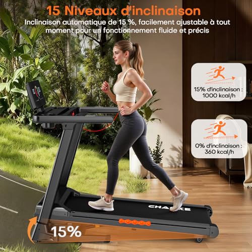 CHAOKE Tapis de Course Pliable, 3,0 CV Tapis de Marche Inclinable 15 Niveaux Réglable, Silencieux 16km/h Walking Pad avec Écran LCD et Moniteur de Fréquence Cardiaque, Multiples APP, Charge Max 180KG – Image 6