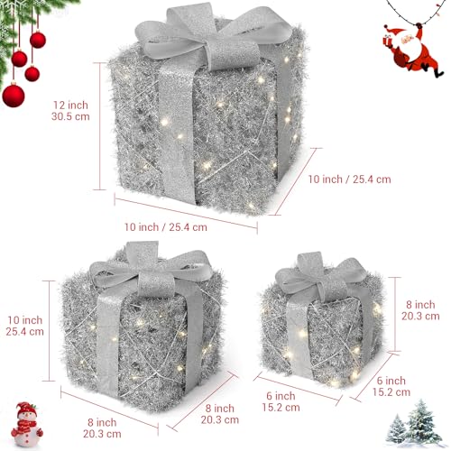 Garveehome Set of 3 Christmas Lighted Gift Boxes, Pre-Lit Gift Present Boxes with Ribbons and Bows, Light Up Xmas Ornaments for Indoor Outdoor Christmas Tree, Home, Yard, Lawn, Silver