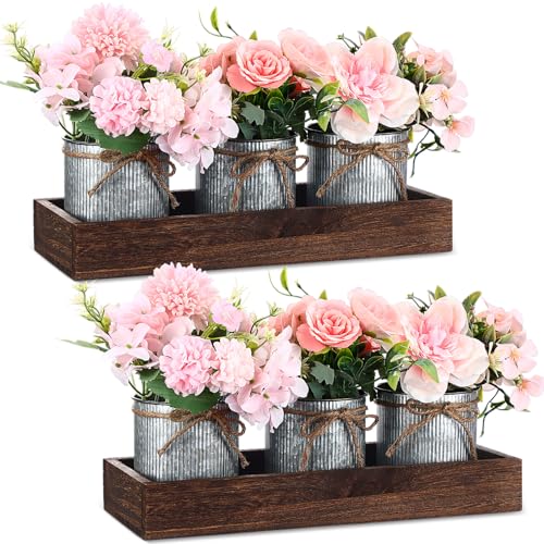 Riceshoot 2 Set Farmhouse Table Decor Dining Room Centerpiece 2 Pcs Wood Tray with 6 Pcs Galvanized Metal Pots Artificial Flower Mason Jar Centerpiece for Party(Pink)