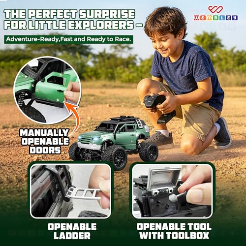 Image of Wembley Remote Control Car for Kids 4-12 Years, 1:18 RC Monster Truck 2WD with Dual Spray Smoke, LED Lights, 2.4GHz Long Range Remote Car, Alloy Body Off Road Toy Car, Rechargeable Type C SUV (Green)