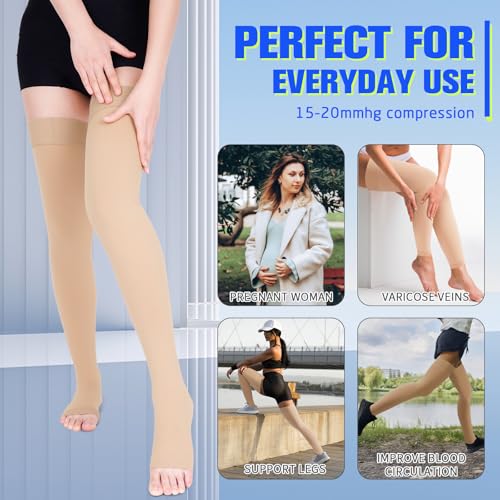 Image of 15-20 mmHg Compression Stockings for Women & Men, Thigh High Compression Socks Medical Graduated Compression Support for Edema, Varicose Veins