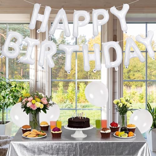 Image of 65 Pcs White Happy Birthday Balloons, 2 Sets A-Z White Letters Foil Balloons,16 Inch Personalized Name Happy Birthday Banners for Wedding Baby Shower Anniversary Party Decorations