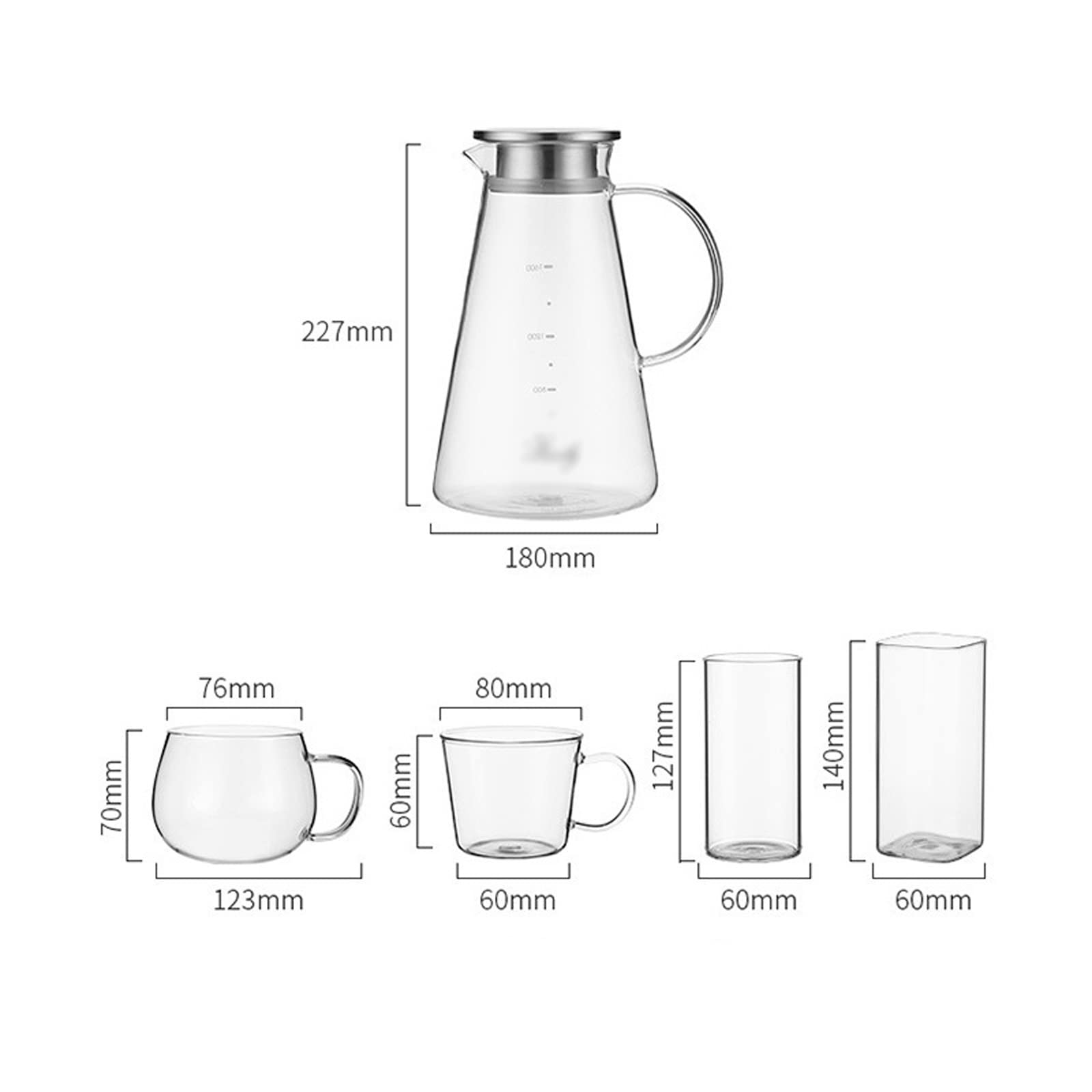 Vasos for beber vasos de vidrio, jarra Jarra de agua Hervidor de vidrio de borosilicato alto con taza Tapa de acero inoxidable Tazas de jugo de gran capacidad Taza de vidrio Juego de jarra fría Jarra
