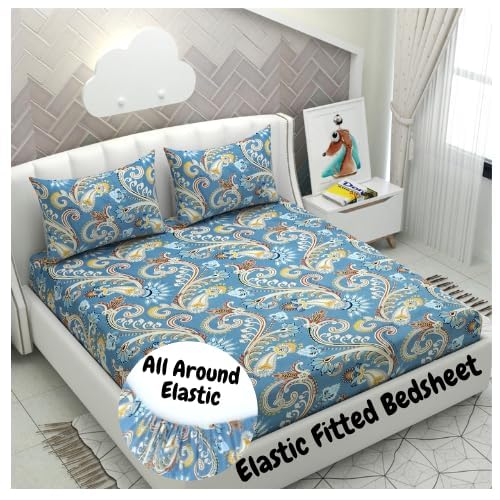 DECOMIZER 300TC Cotton Feel All Around Elastic Fitted Glace Printed Queen Size Double Bed Bedsheet with 2 Large Pillow Covers Fits Upto Mattress of 8 Inches, Size - 60 x 78 x 10 Inches, Navy Ambi