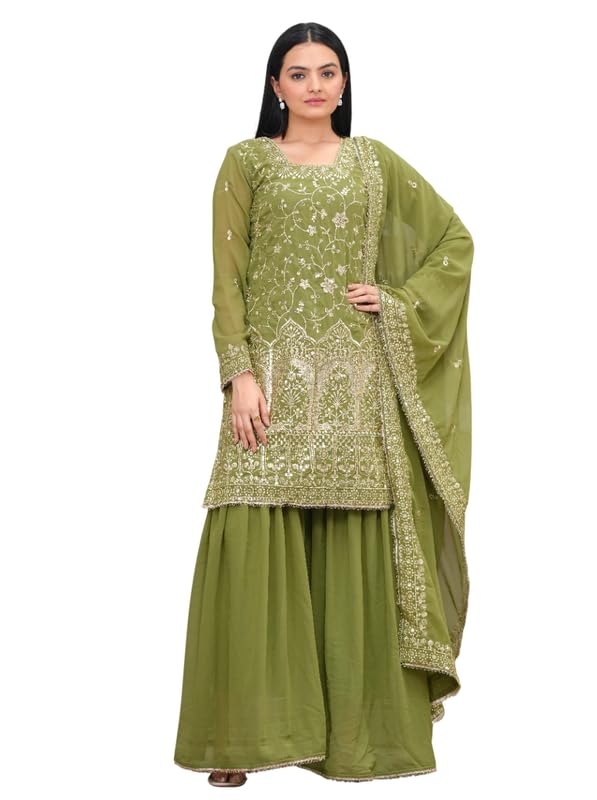 Women Fox Georgette Printed Embroidery Work Boat Neck Full Sleeve Straight Regularfit Kurti and Sharara with Dupatta Set
