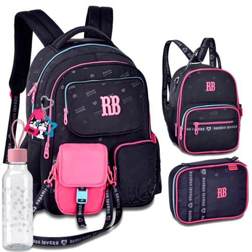 Kit Mochila Escolar Rebecca Bonbon RB 26223 Preta Shoulder bag destacavel com Lancheira, Estojo box e Garrafinha coleção 2026