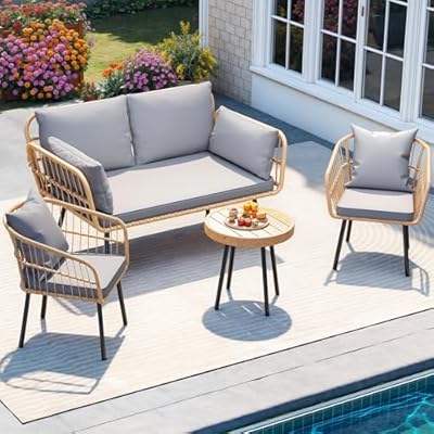 DWVO Patio Furniture Set 4 Pieces Boho Wicker Bistro Set, All Weather Outdoor Rattan Conversation Set with Loveseat Chairs Table Soft Cushions for Backyard, Pool, Garden - Grey