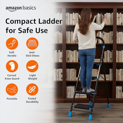 Image of Amazon Basics Curvo-Foldable Step Ladder, Ribbed Steps, Knee Guard, Non-Marring PVC Shoes, 4 Steps (Black & Blue)