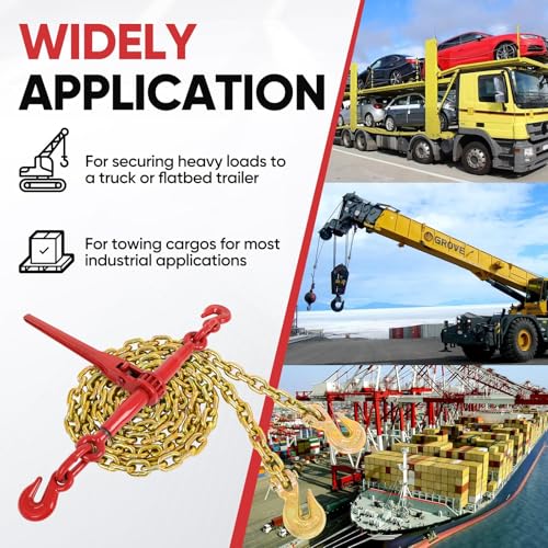 Image of G80 5 /16 inch x 10FT Chain and Binder Set, 2 Pack Heavy Duty Ratchet Chain Binder 5 /16 inch-3 /8 inch with 5400LBS WLL & 19000LBS Break Strength, Complete Chains and Binders for Truck Trailer Flatbed Cargo Tie
