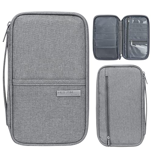 Simpolor Reisepass Halter Reise Geldbörse, Reisedokument Organizer Protector, geräumiges Reisezubehör Dokument, Unisex Geldbörse Organiser mit RFID Blocking, Premium Familie Reisepass Halter Grau Cover