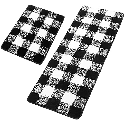 PiccoCasa Microfiber Plaid Pattern Bathroom Rugs, 2 Pcs Extra Soft Fluffy Absorbent Bath Rug, Bath Mats for Bathroom Floor Tub Non Slip 17''x24'' & 17''x47'' Black & White Cover