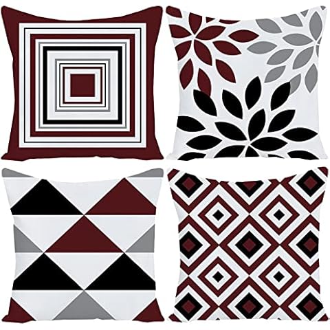 Wine Red Black Geometric Decorative Cushion Pillow Covers Set of 4 20" x 20" Modern Geometric Grey Black and Red Grid Stripe Decor Irregular with Hidden Zipper Home for Couch Bed Cover