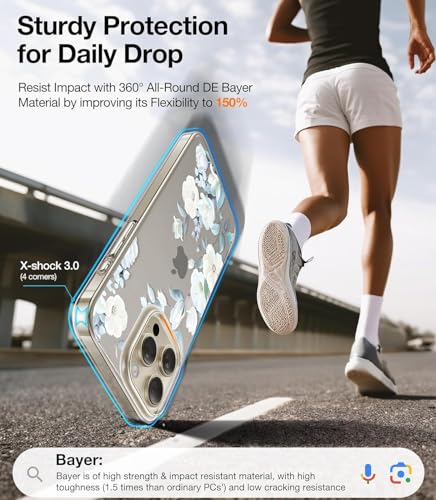 Image of VONZEE Clear Transparent Flower Case for iPhone 15 Pro Max (6.7 Inch) | Shockproof Floral Design Back Cover | PC+TPU Bumper with Full Camera Protection for Girls & Women (Blue)