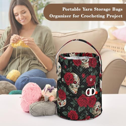 Image of ElliTarr Crochet Bag Yarn Bag with Handle Portable Knitting Project Bag Travel Yarn Storage Organizer Holder Case Mexico Skull Rose Flowers Red