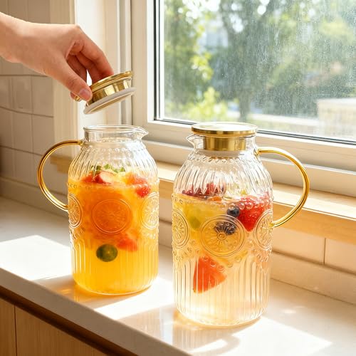 Image of Amzcku Glass Pitcher with Lid, 101 oz / 3 Liter Vintage Water Pitcher,Water Carafe for Cold Brew, Coffee, Lemonade, Iced Tea,Beverage, Heat Resistant Water Glass Jug 1Pack