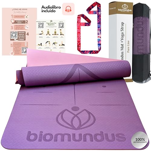 biomundus Esterilla Yoga Mat Antideslizante profesional Esterilla Deporte en Casa Colchoneta Gimnasia Mat Yoga antideslizante con sistema de alineación Correa y Bolsa Esterilla Fitness