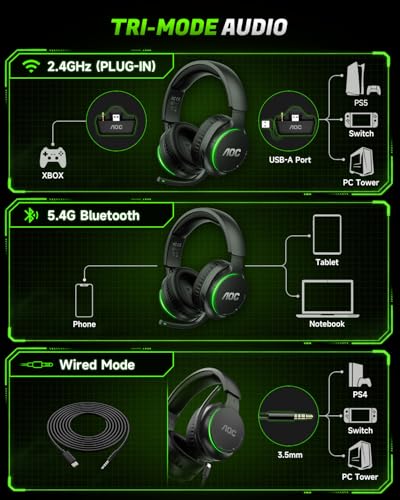 Image of AOC Wireless Gaming Headset for Xbox Series X|S & Xbox One, PS5, PC,Switch | Stereo Bass, 50mm Drivers, 75-Hr Battery, Gaming Headphones with Clear Mic, Gamer Gifts