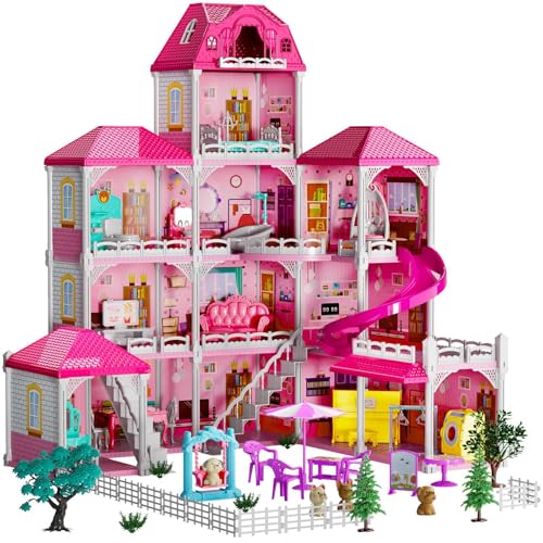 TEMI Villa Toys for 3 4 5 6 7 8 Years Old Girls - 4 Storeys 12 Rooms, Indoor Playset with 2 Dolls Toy Figures, Toys Furniture and Accessories, Pretend Girls Plays, Building