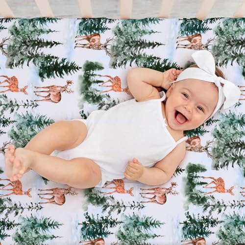 Image of JISEN Fitted Crib Sheets 1 Piece Soft Breathable Baby Crib Sheets for Standard Crib and Toddler Mattress Baby Bed Sheets for Crib for Baby Boys Girls Neutral 28x52 Inch Woodland Animals
