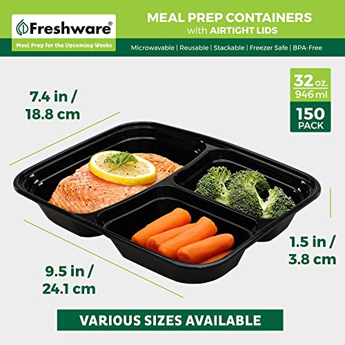 Image of Freshware Meal Prep Containers [150 Pack] 3 Compartment Food Containers with Lids, Bento Box, Stackable, Microwave /Dishwasher Safe (32 oz)
