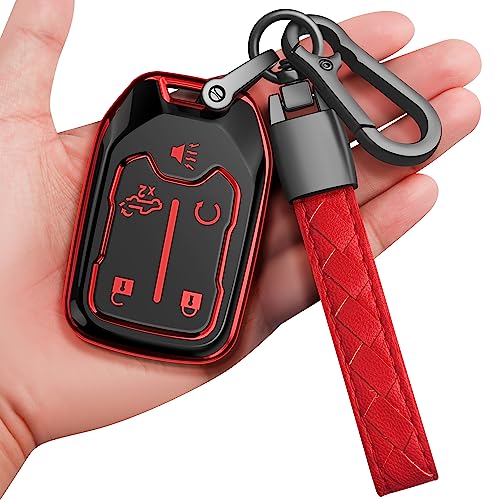Sindeda Funda para llave Chevy con llavero, suave protección completa, compatible con Chevrolet Suburban Tahoe Silverado GMC Terrain Yukon Sierra 1500 2500 3500 HD (rojo, 5 botones)