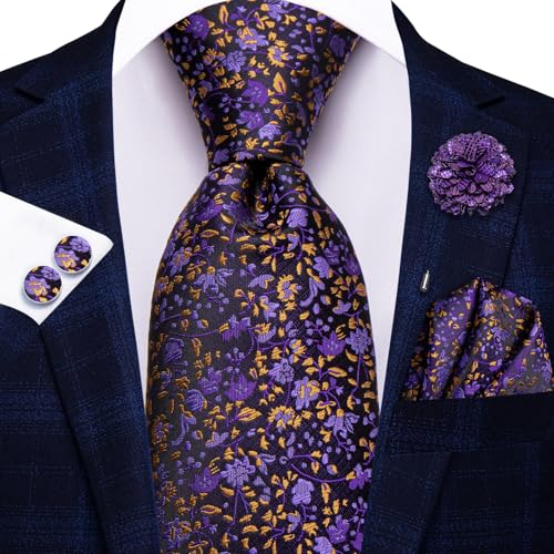 Image of Hi-Tie Purple Gold Neck Ties for Men Jacquard Woven Necktie Lapel Pin Pocket Square Cufflinks Sets Formal Business Wedding