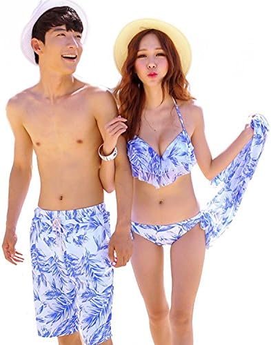 Amazon ペア水着 ペアルック レディース バンドゥビキニ フリル フレア カップル水着 大きいサイズ パレオ ビキニ ワイヤー入り パット付 メンズ サーフパンツ 4点セット ブルー 花柄 ビキニ セパレーツ 通販