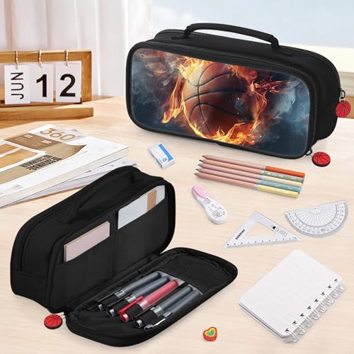 Image of Basketball Pencil Case for Boys - Large Pencil Pouch for Boys with Zipper Compartments & Handle - Big Capacity Pen Organizer Box Bag for Kids Teens School Supplies
