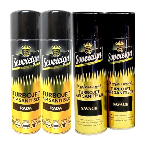 CD Sovereign Aerosols 4-Pack Turbojet Air Sanitiser Spray 2× RADA & 2× Savage 500 ml Designer Fragrance Air Freshener Odour Neutraliser for Car Home & Office