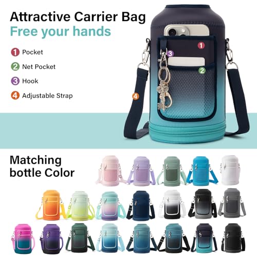 Insulated Water Bottle | Thickened Stainless Steel Vacuum Metal | Portable Sports Half Gallon Large Water Jug for Gym and Hiking with Straw, Carrier Bag, Handle Strap | BPA-Free 64 oz