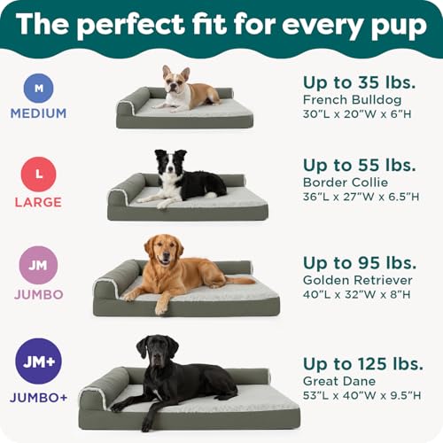 Image of Furhaven Orthopedic Dog Bed for Large Dogs w / Removable Bolsters & Washable Cover, For Dogs Up to 95 lbs - Two-Tone Plush Faux Fur & Suede L Shaped Chaise - Stone Gray, Jumbo /XL