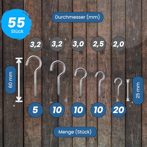 QUADRIOS | Schraubhaken Set | 55 robuste Hakenschrauben mit Gewinde aus verzinktem Stahl für Innen und Außen, Deckenhaken, Wandhaken, Befestigungshaken | Silber