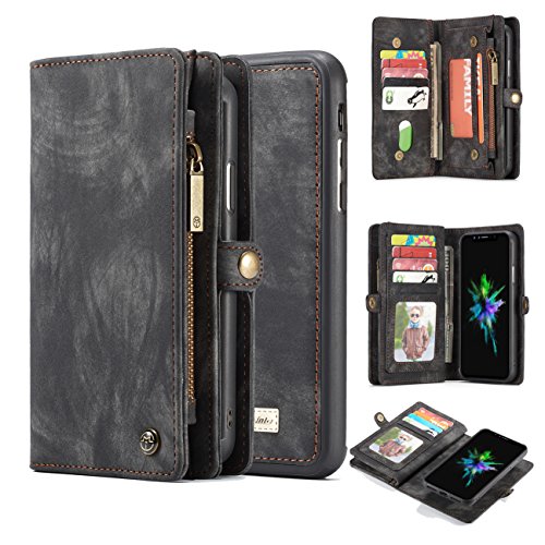 AKHVRS iPhone Xs Wallet Case,Handmade Premium Cowhide Leather Wallet Case & Zipper Wallet Case Cover [Magnetic Closure] Detachable Magnetic Case with Card Slots for 5.8