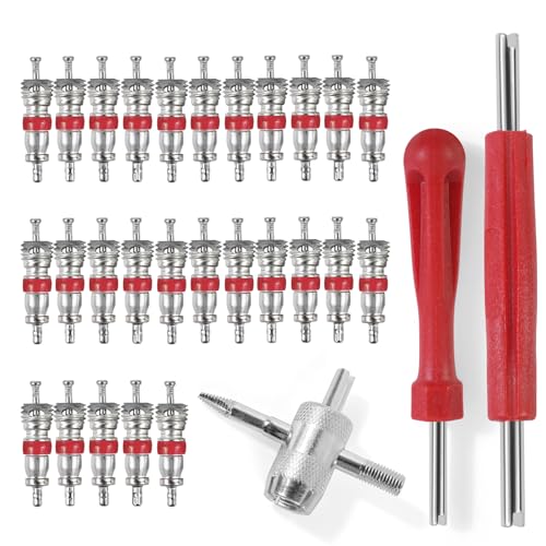 HAOIOKSC 30Pcs Tire Valve Stem Tools, with 3Pcs Tire Valve Stem Removal Tool & 27 Zn Alloy Cores, Multifunction 4in1 Dual Single Head Valve Core Remover Installer Adapters