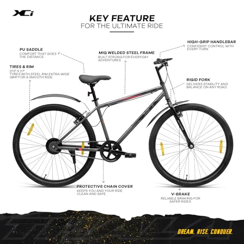 Image of XCi Thala Mountain Bicycle /Bike, 27.5-Inch Tires, Single Speed, Rigid Suspension, V-Brakes, Youth 12+ Years, 17-Inch Ultra Light Steel Frame, Grey Red