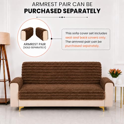Image of Homerz Premium Rabbit Fur Sofa Cover with Anti-Skid Backing, Soft Plush Fabric Sofa Protector for Living Room Furniture (Brown, 3 Seater, Seat Cover with Backrest)