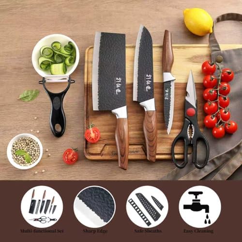 5 PCS kitchen Chef Knife Set, include 7 inch cleaver, 7 inch Santoku, 4.5 inch utility knife, Kitchen Scissors and Peeler - 2