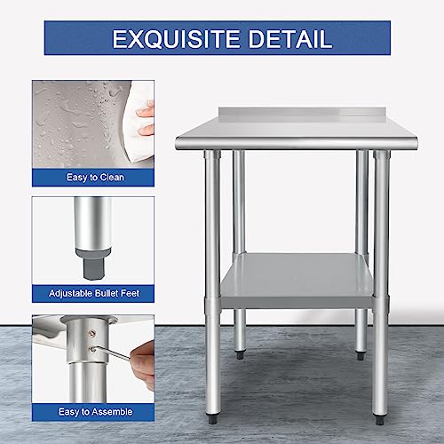 Image of HARDURA Stainless Steel Table Prep & Work Table 24 x 30 Inches NSF Heavy Duty Commercial with Undershelf and Backsplash for Restaurant Kitchen Home and Hotel