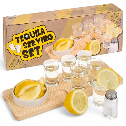 MIJOMA Tequila-Servierset 9-teilig – Holzbrett mit 6 Shotgläsern, Salzstreuer & Zitronenschale – Geschenkset für Tequila-Liebhaber, Bar & Party-Zubehör