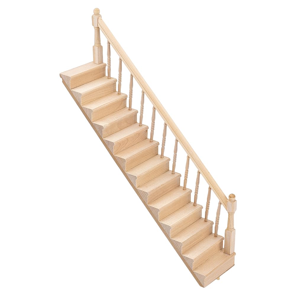 AHANDMAKER Miniature Stairs Wooden Stairs 1: 12 Unpainted Wooden Stringer Steps with Single Side Handrail for Furniture Micro Landscape Decorsfor Minihouse Accessories