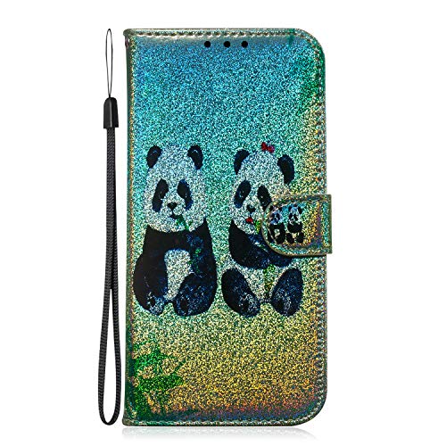Samsung Galaxy A70 Case, Bling Glitter Flip PU Leather Wallet Cover with Shock Absorption Bumper Magnetic Stand Card Holder Folio Protective Phone Case for Samsung Galaxy A70 Two Panda